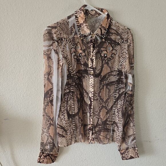 SPY Tops - SPY Sheer Blouse with Brown and Cream Pattern - Snake Skin